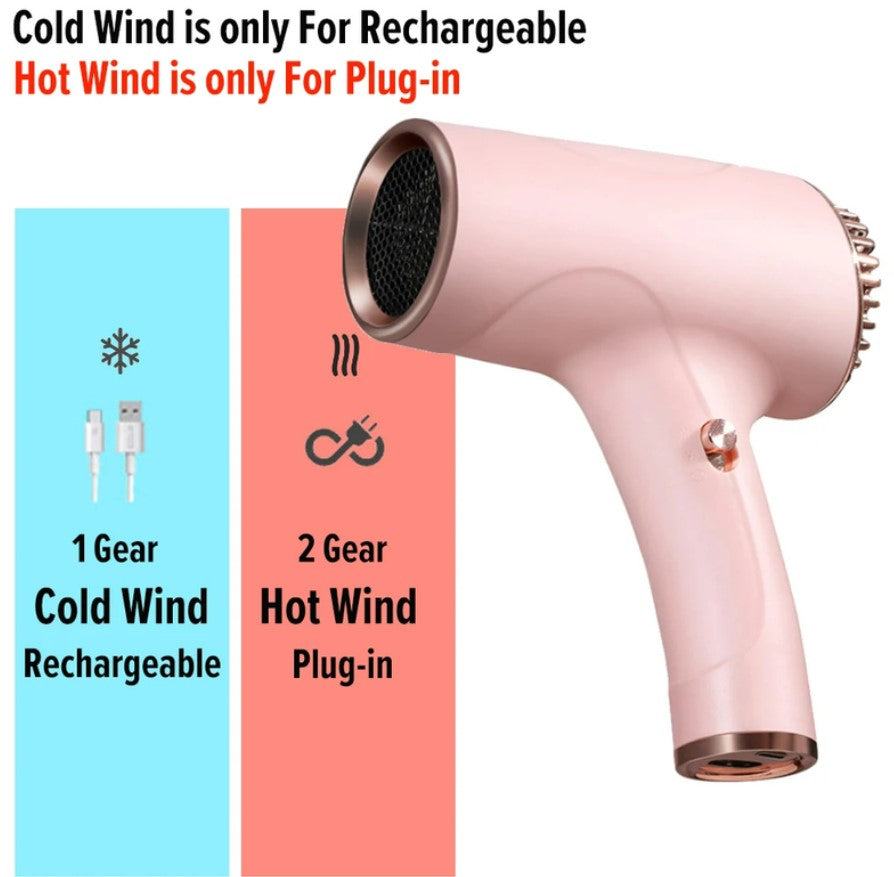 2600mAh Cordless Anion Blow Dryer Portable Hair Dryer 40/500W USB Rechargeable Powerful 2 Gears - Pink_4