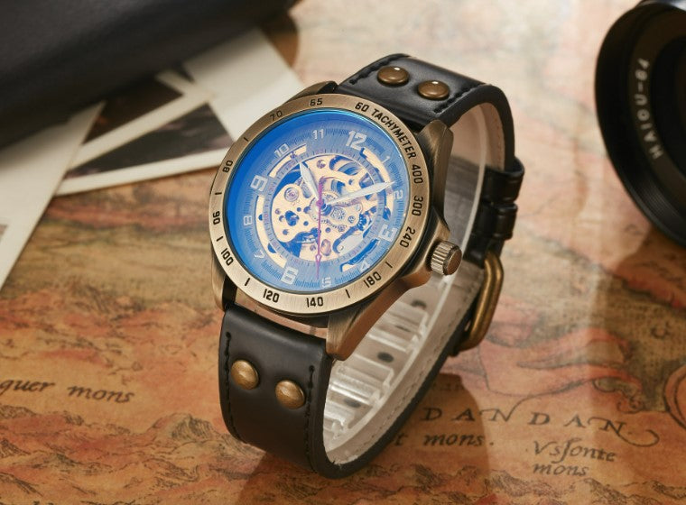 S076 Antique Fully Automatic Mechanical Watch - Black Strap_1