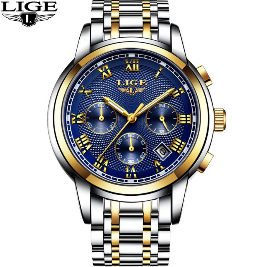 Men's Watch LIGE Multi-Function Three-Eye Corrugated Watch - Gold/Blue_0