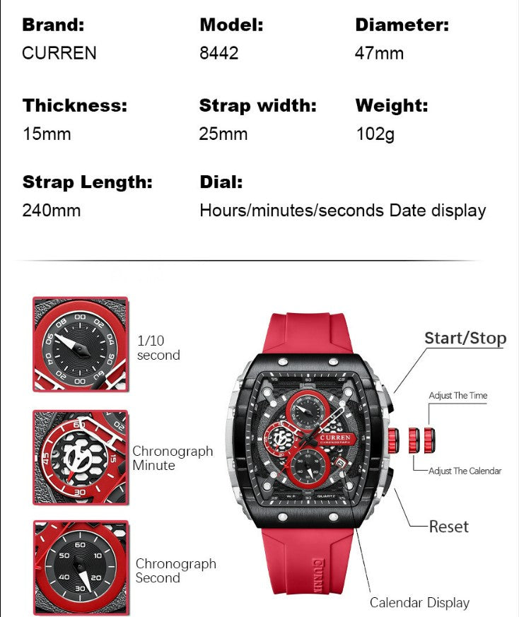 CURREN 8442 Men's Waterproof Six Needle Quartz  Multifunctional Watch Men's Watch - Red_2