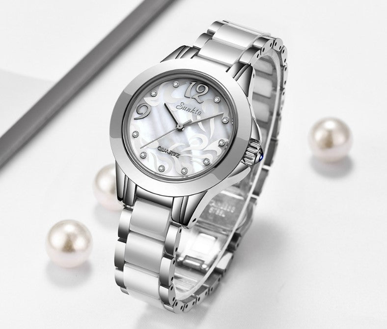 SUNKTA Explosive Ceramic Ladies Watch - Silver White_1