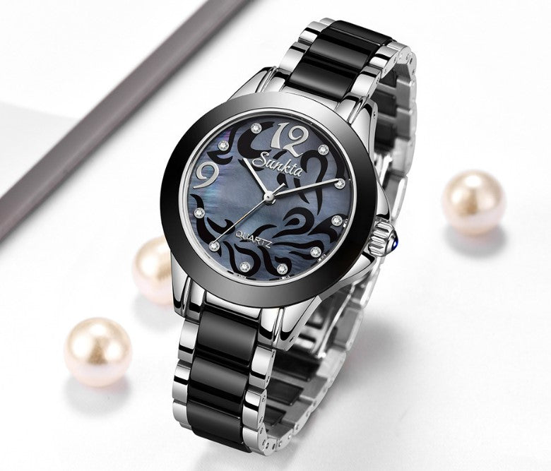 SUNKTA Explosive Ceramic Ladies Watch - Silver Black_1