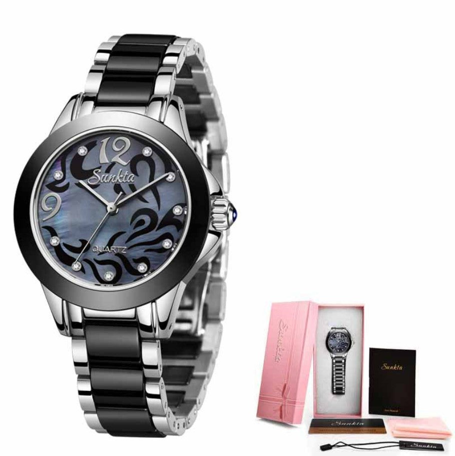 SUNKTA Explosive Ceramic Ladies Watch - Silver Black_0