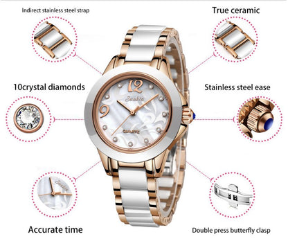 SUNKTA Explosive Ceramic Ladies Watch - Rose Gold White_2