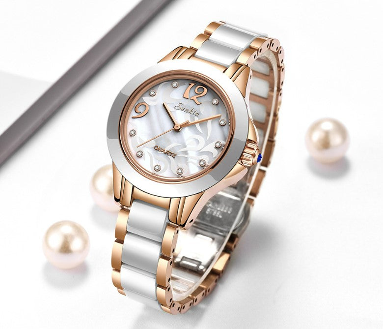 SUNKTA Explosive Ceramic Ladies Watch - Rose Gold White_1