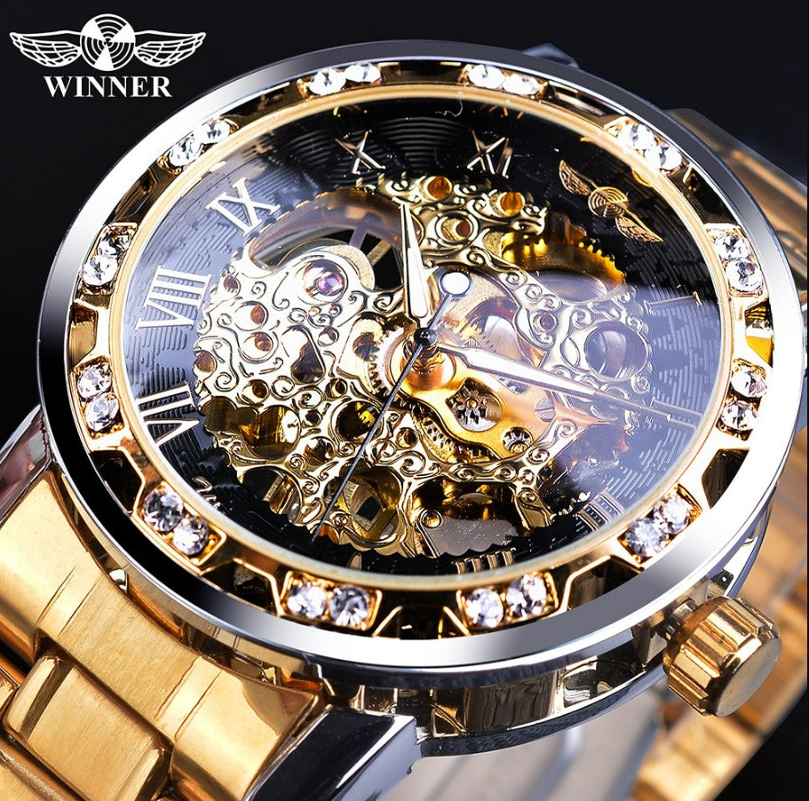 Winner Golden Watches Classic Rhinestone Clock - Golden_0