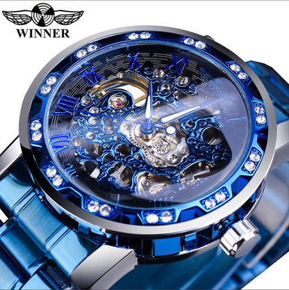 Winner Golden Watches Classic Rhinestone Clock - Blue_0