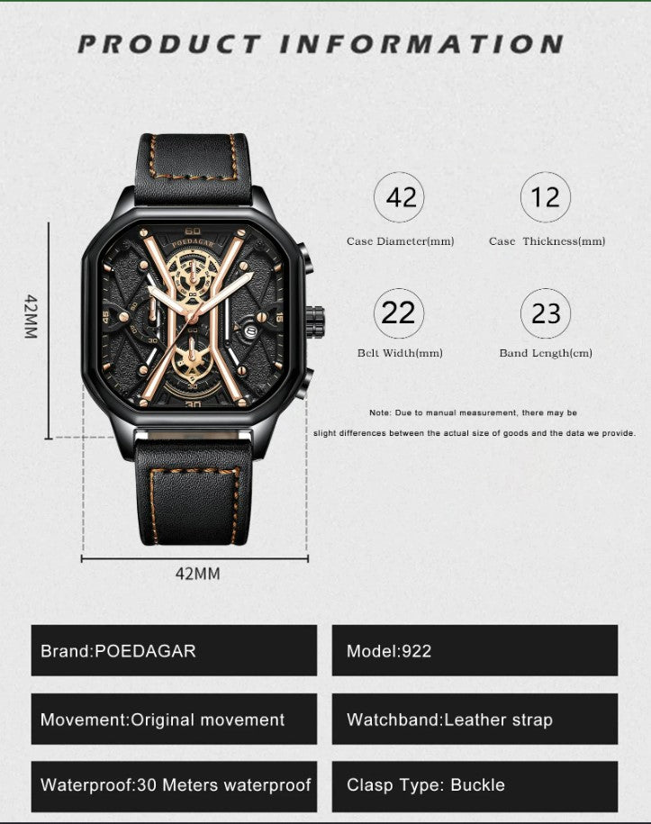 POEDAGAR Luxury Wristwatches Chronograph Leather Quartz Men's Watches - Black Gold_7